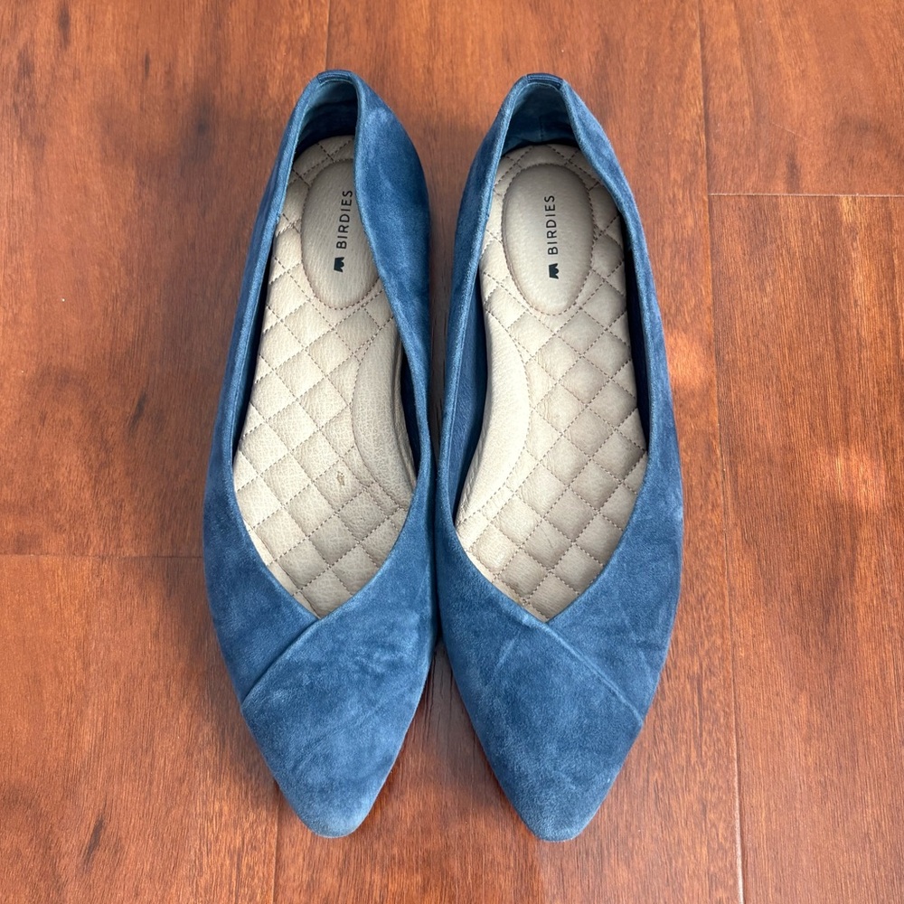 Birdies Blue Suede Pointed Toe Quilted Insole Flats